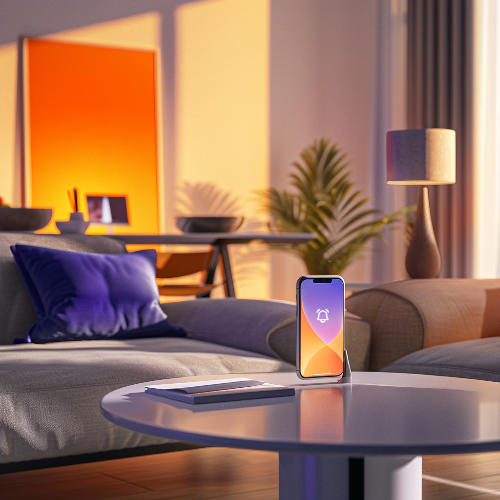 A modern living room equipped with advanced home automation and AI technologies, showcasing smart lighting, smart thermostat, and integrated voice assistant devices, all controlled through a central hub.